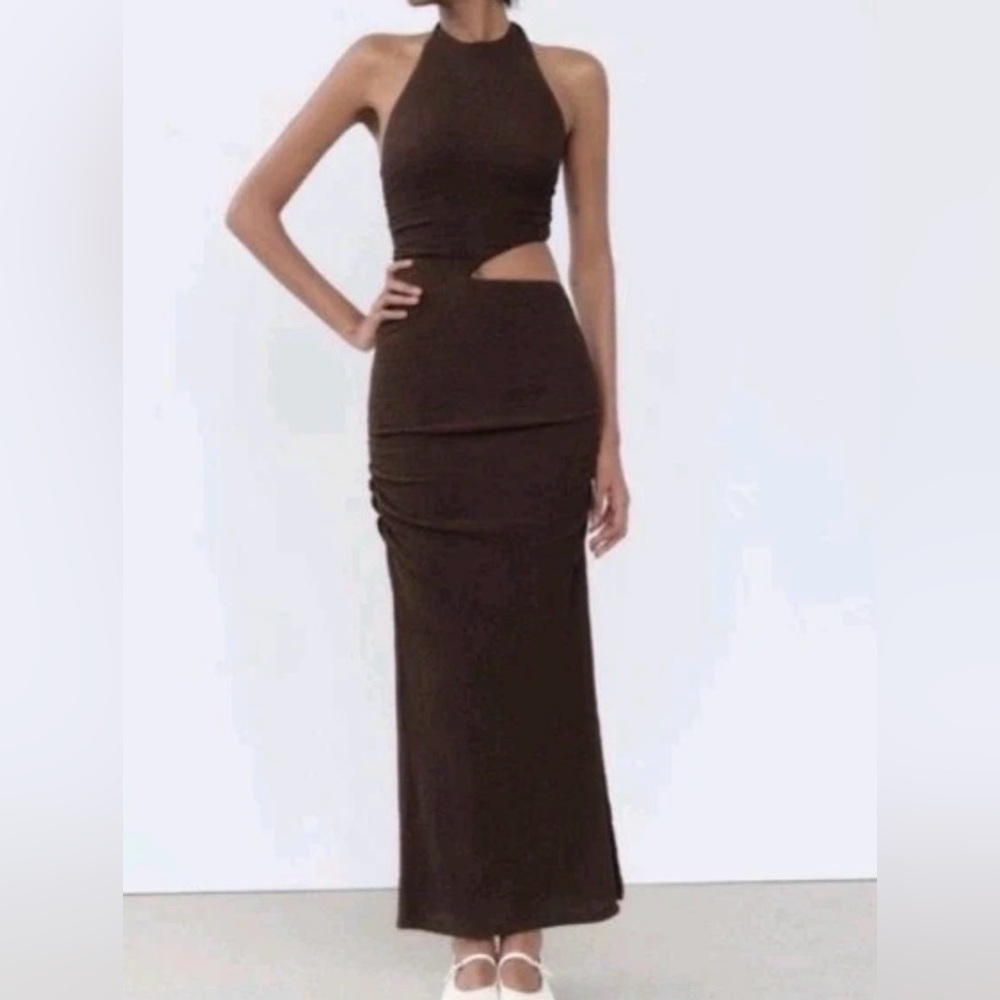 Zara Textured Halterneck Stretch Bodycon Dress With Cut Out Brown NWT